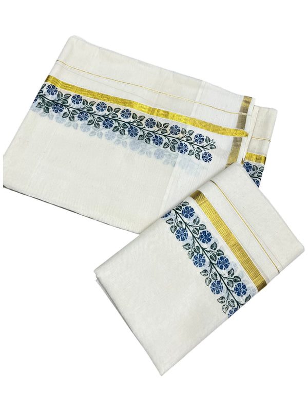 Southloom Pure Cotton Kerala Single Floral Print Set Mundu (Mundum Neriyathum) Blue and Green Border in 2.80 mtrs thumbnail 3