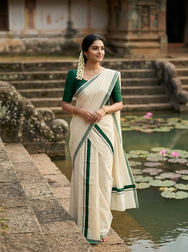 Southloom Pure Cotton Kerala Single Set Mundu (Mundum Neriyathum) Dark Green & Black Border in 2.80 Mtrs