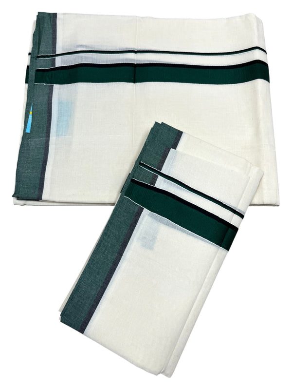 Southloom Pure Cotton Kerala Single Set Mundu (Mundum Neriyathum) Dark Green & Black Border in 2.80 Mtrs thumbnail 3