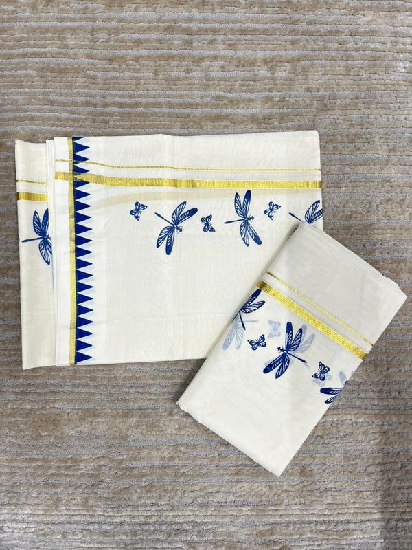 Southloom Kerala Cotton Single Set Mundu (Mundum Neriyathum) with Blue Thumbi Block Printed Design And Gold Kasavu 2.80Mtrs SL151 - alternate view
