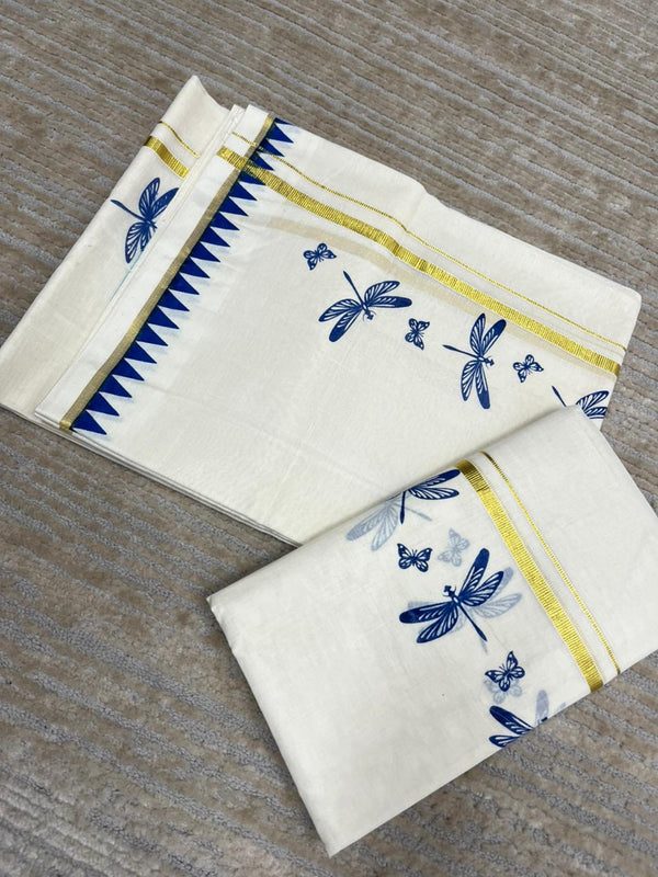 Southloom Kerala Cotton Single Set Mundu (Mundum Neriyathum) with Blue Thumbi Block Printed Design And Gold Kasavu 2.80Mtrs SL151 thumbnail 3