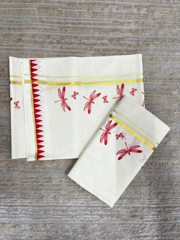 Southloom Kerala Cotton Single Set Mundu (Mundum Neriyathum) with Red Thumbi Block Printed Design And Gold Kasavu 2.80Mtrs SL151 - alternate view