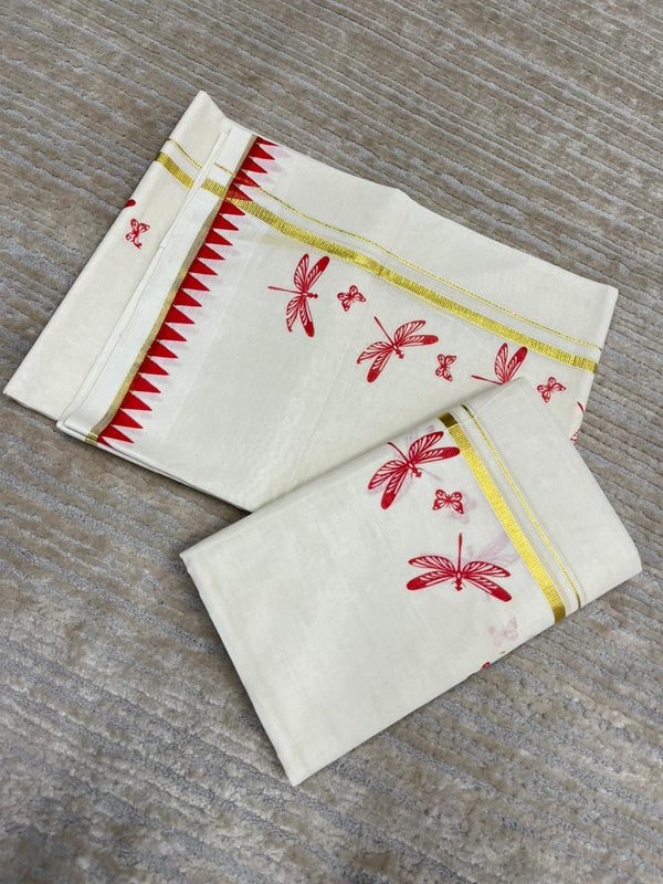 Southloom Kerala Cotton Single Set Mundu (Mundum Neriyathum) with Red Thumbi Block Printed Design And Gold Kasavu 2.80Mtrs SL151 thumbnail 3