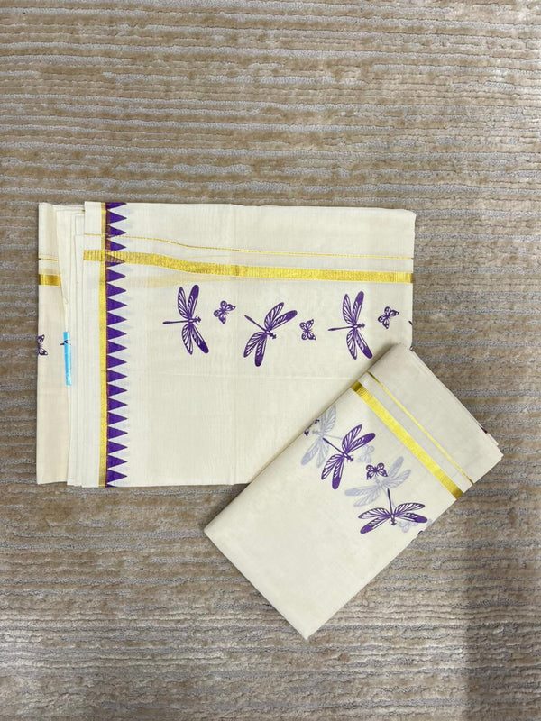 Southloom Kerala Cotton Single Set Mundu (Mundum Neriyathum) with Violet Thumbi Block Printed Design And Gold Kasavu 2.80Mtrs SL151 - alternate view