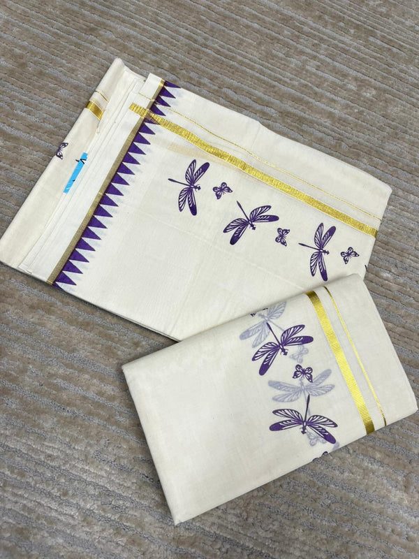 Southloom Kerala Cotton Single Set Mundu (Mundum Neriyathum) with Violet Thumbi Block Printed Design And Gold Kasavu 2.80Mtrs SL151 thumbnail 3