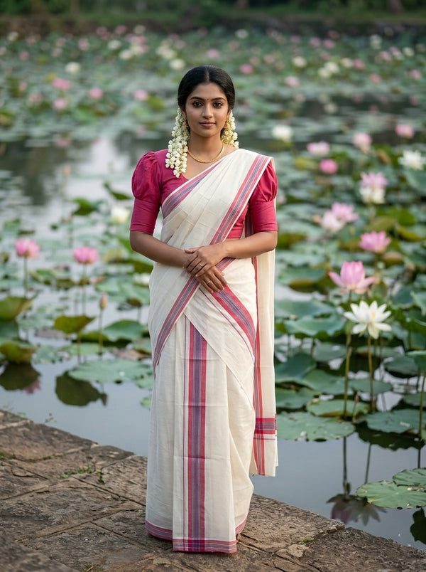 Southloom Pure Cotton Kerala Single Mulloth Set Mundu (Mundum Neriyathum) Red & Grey Border in 2.80 Mtrs SL243