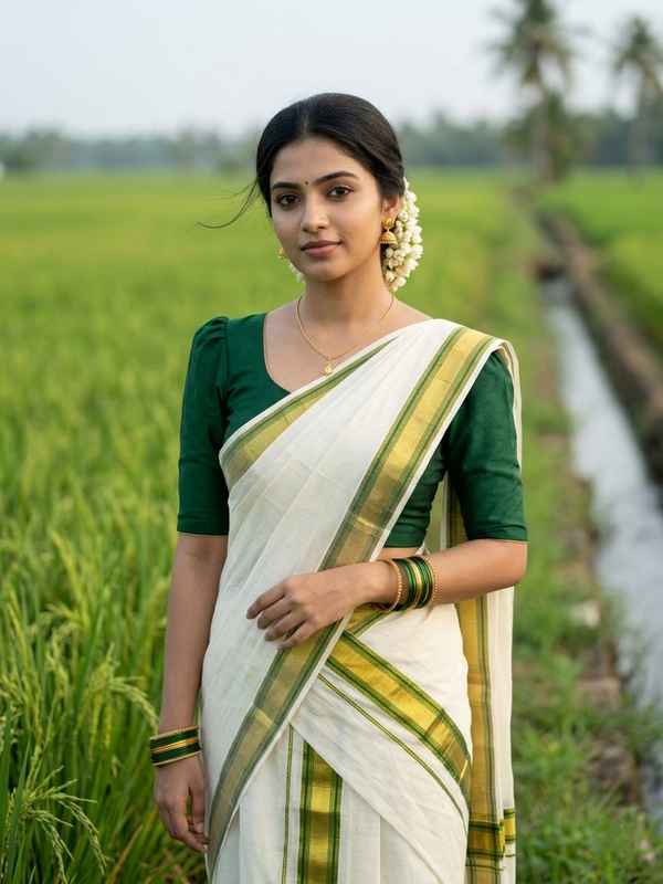 Southloom Pure Cotton Kerala Kasavu Set Mundu (Mundum Neriyathum) Gold Kasavu & Green Border 2.80 Mtrs