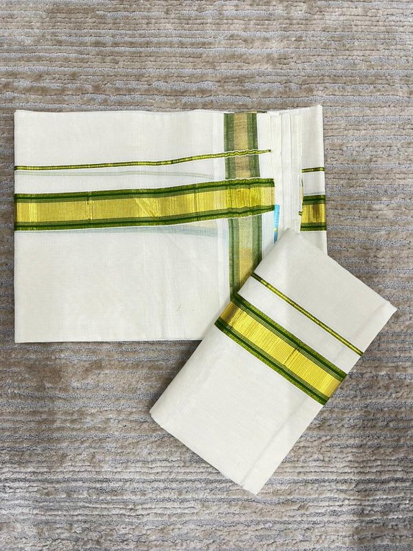 Southloom Pure Cotton Kerala Kasavu Set Mundu (Mundum Neriyathum) Gold Kasavu & Green Border 2.80 Mtrs - alternate view