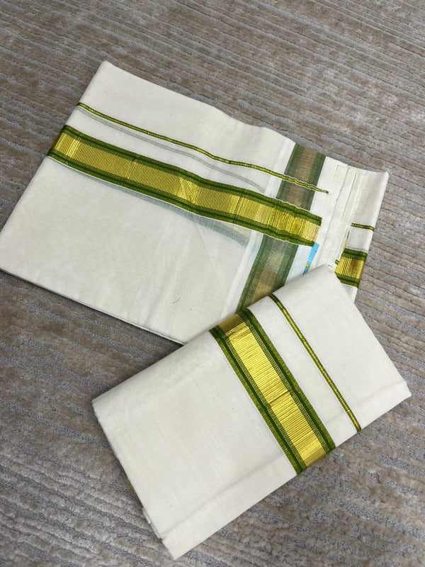 Southloom Pure Cotton Kerala Kasavu Set Mundu (Mundum Neriyathum) Gold Kasavu & Green Border 2.80 Mtrs thumbnail 3