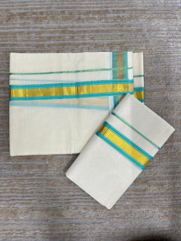 Southloom Pure Cotton Kerala Kasavu Set Mundu (Mundum Neriyathum) Gold Kasavu & Turquoise Border 2.80 Mtrs - alternate view