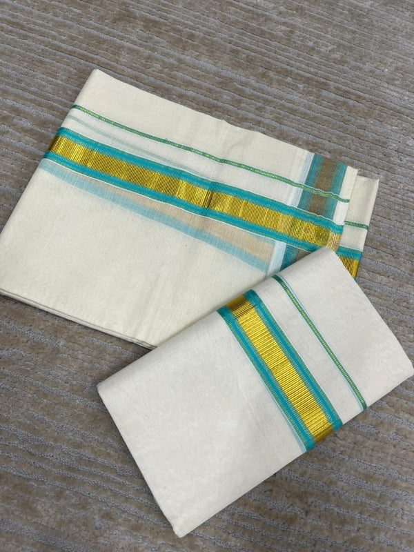 Southloom Pure Cotton Kerala Kasavu Set Mundu (Mundum Neriyathum) Gold Kasavu & Turquoise Border 2.80 Mtrs thumbnail 3