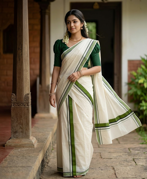Southloom Pure Cotton Kerala Single Set Mundu (Mundum Neriyathum) Green Border 2.80 Mtr