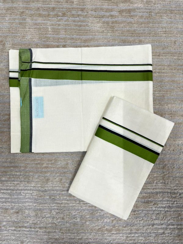 Southloom Pure Cotton Kerala Single Set Mundu (Mundum Neriyathum) Green Border 2.80 Mtr - alternate view