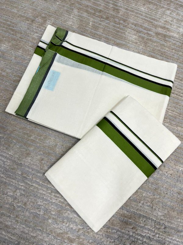 Southloom Pure Cotton Kerala Single Set Mundu (Mundum Neriyathum) Green Border 2.80 Mtr thumbnail 3