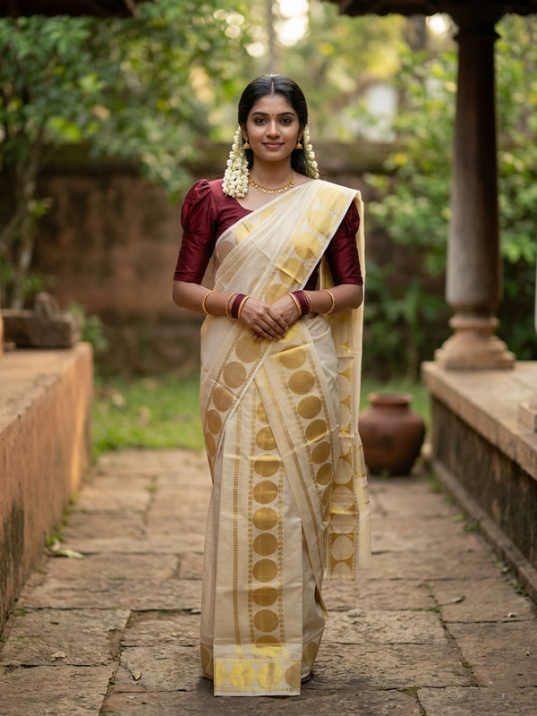 Kerala Tissue Single Set Mundu (Mundum Neriyathum) with Gold Big Polka Design 2.80 Mtrs