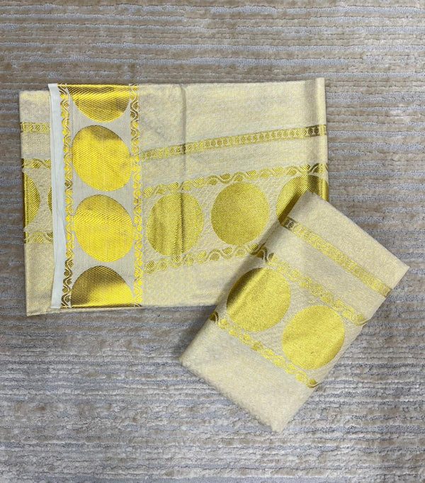 Kerala Tissue Single Set Mundu (Mundum Neriyathum) with Gold Big Polka Design 2.80 Mtrs - alternate view