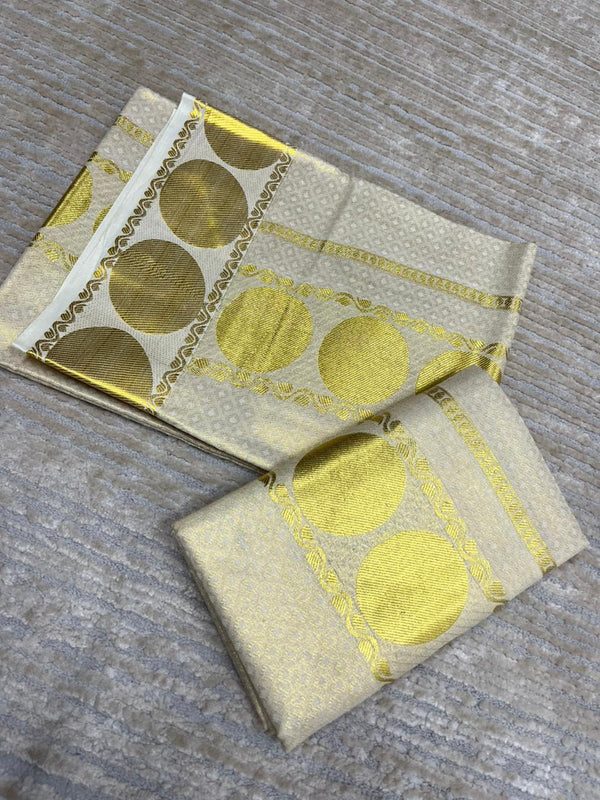 Kerala Tissue Single Set Mundu (Mundum Neriyathum) with Gold Big Polka Design 2.80 Mtrs thumbnail 3
