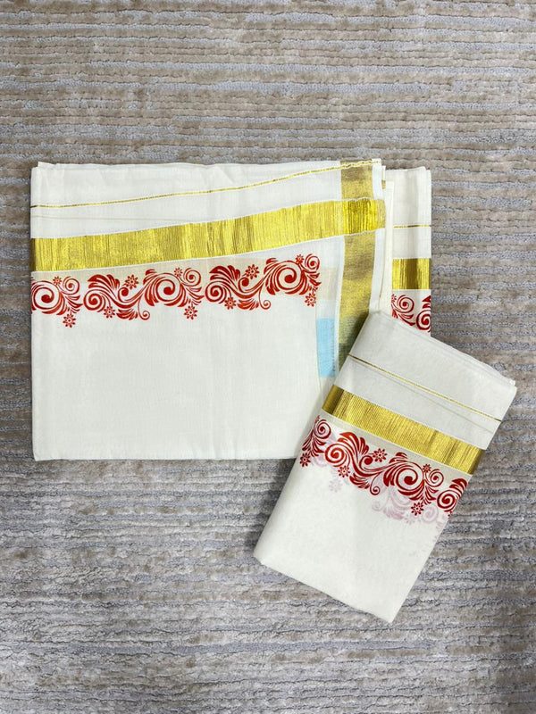 Southloom Pure Cotton Kerala Single Floral Print Set Mundu (Mundum Neriyathum) Orange Border in 2.80 mtrs SL245 - alternate view
