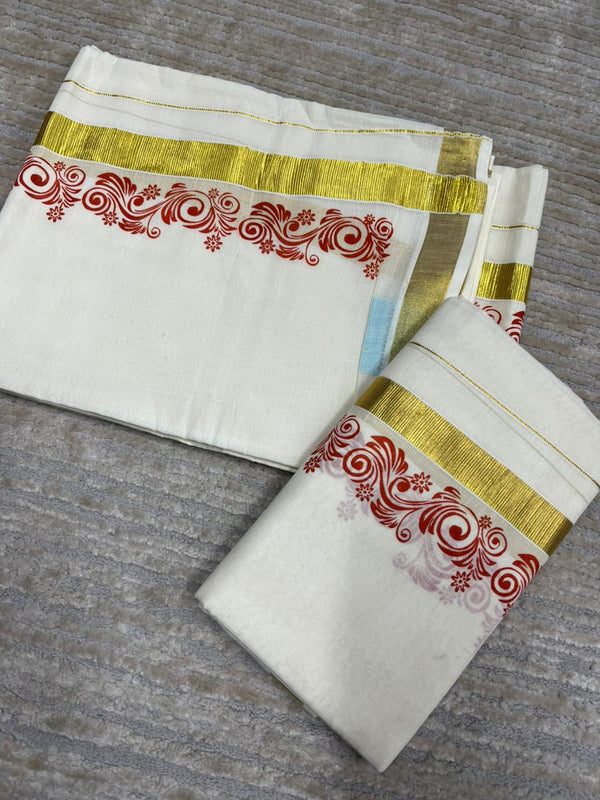 Southloom Pure Cotton Kerala Single Floral Print Set Mundu (Mundum Neriyathum) Orange Border in 2.80 mtrs SL245 thumbnail 3