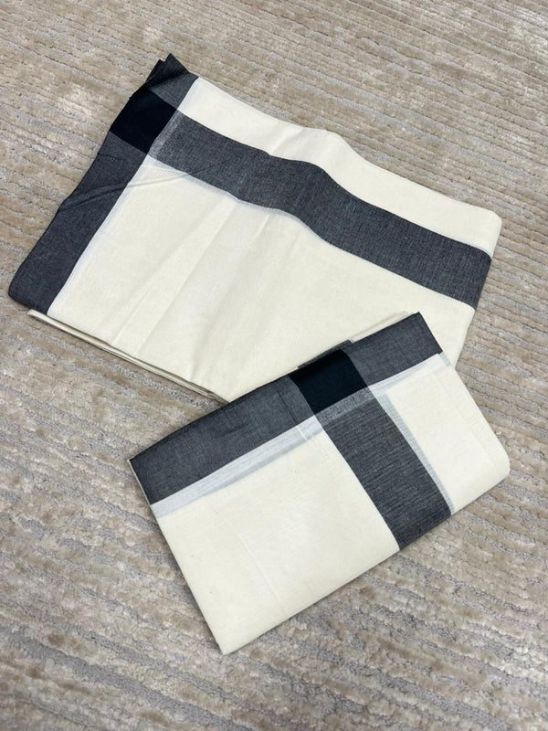 Southloom Pure Cotton Kerala Single Mulloth Set Mundu (Mundum Neriyathum) Black Border in 2.80 mtrs SL270 thumbnail 3