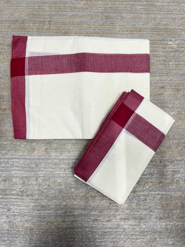 Southloom Pure Cotton Kerala Single Mulloth Set Mundu (Mundum Neriyathum) Maroon Border in 2.80 mtrs SL270 - alternate view