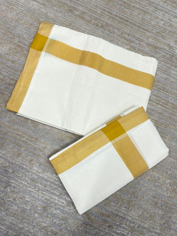 Southloom Pure Cotton Kerala Single Mulloth Set Mundu (Mundum Neriyathum) Mustard Yellow Border in 2.80 mtrs SL270 - alternate view