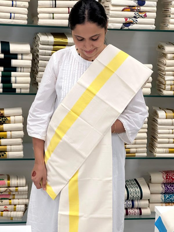 Southloom Pure Cotton Kerala Single Mulloth Set Mundu (Mundum Neriyathum) Yellow Border in 2.80 mtrs SL270 - alternate view