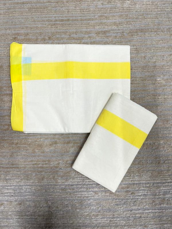 Southloom Pure Cotton Kerala Single Mulloth Set Mundu (Mundum Neriyathum) Yellow Border in 2.80 mtrs SL270 thumbnail 3
