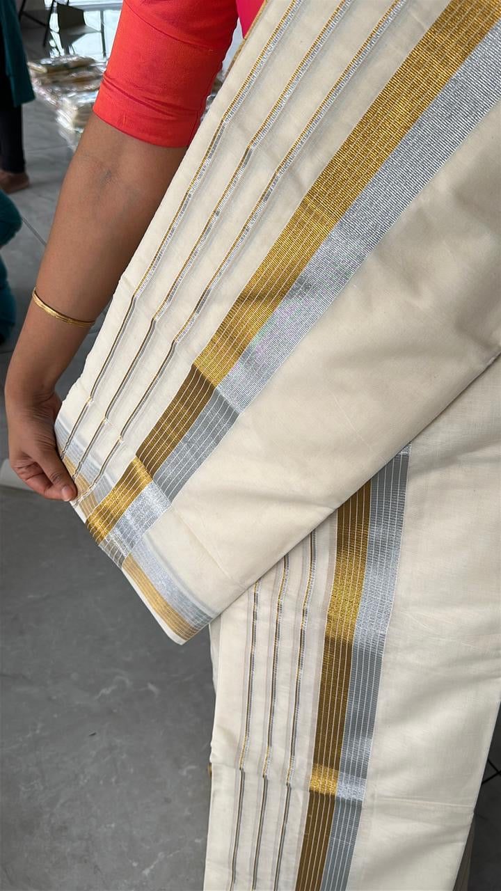 Cotton Set Mundu with Peacock Print and Gold Border