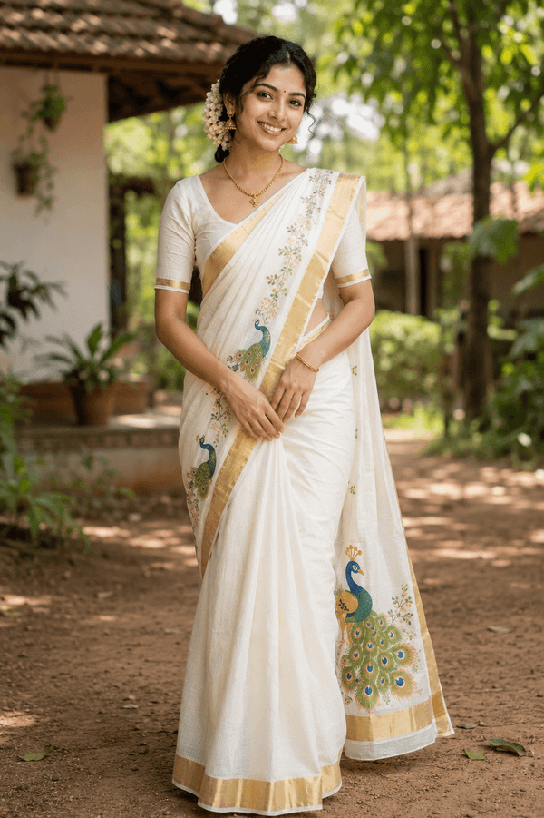 Kerala Tissue Painting Saree - Peacock Design