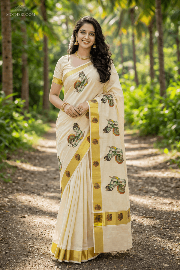 Kerala Tissur Painting Saree - Baby Krishna Design