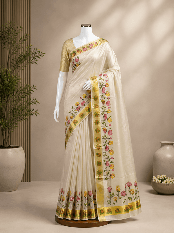 Kerala Tissue painting Saree - Floral Design