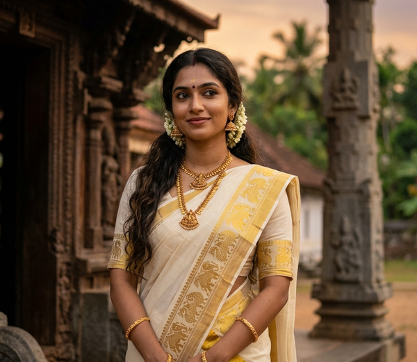 Cotton Set Mundu with Peacock Print and Gold Border
