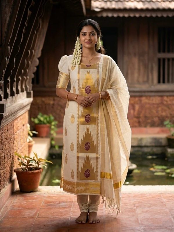 Cotton Churidar Salwar Suit Material with Gold and Maroon Woven Work (include Lines Shawl / Dupatta)