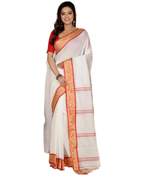 Kerala Cotton Saree - Off White with Red Border