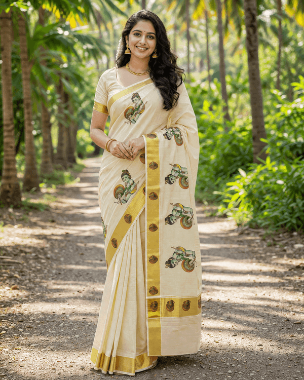 Kerala kasavu saree with baby krishna design