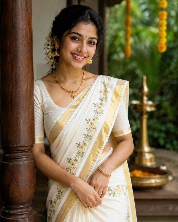 Cotton Set Mundu with Peacock Print and Gold Border