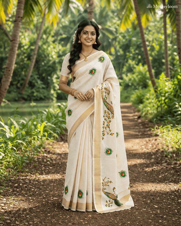 kerala kasavu saree with peacock design