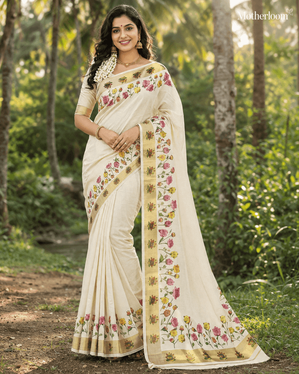 Kerala kasavu saree with floral Design